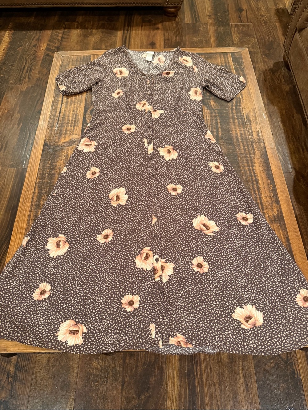 H&M Brown Midi Dress with Cream Floral Print